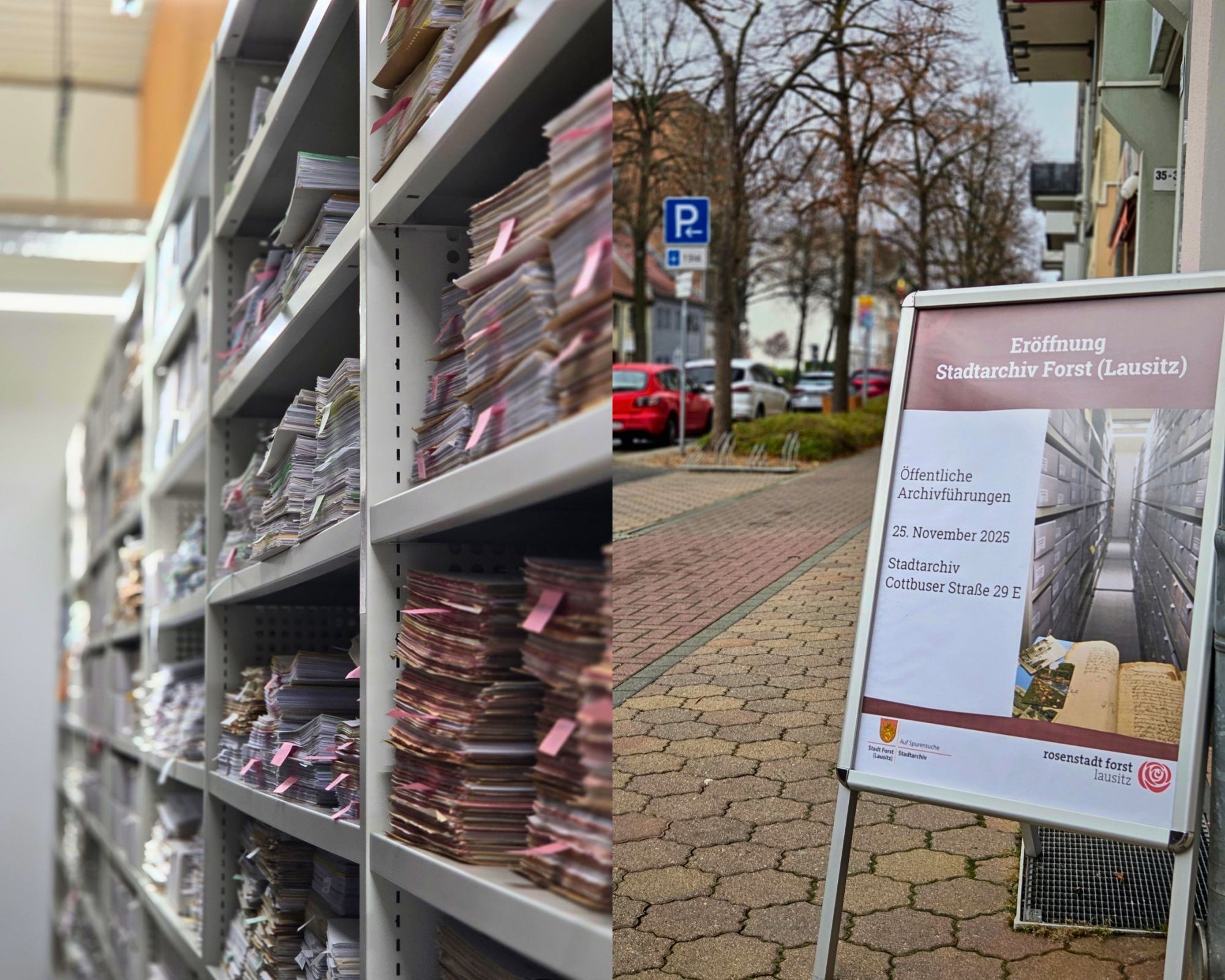 Blick in ein voll bestücktes Aktenarchiv und ein Infoständer draußen, der eine Veranstaltung zur Archivöffnung ankündigt.